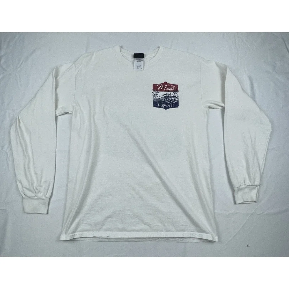 MAUI HAWAII LONG SLEEVE T SHIRT MENS MEDIUM WHITE GRAPHIC COTTON TEE